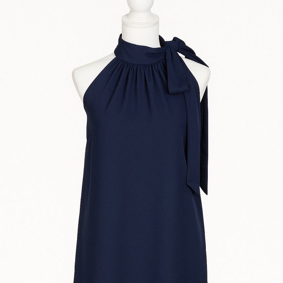 Diane Von Furstenberg Navy Blue Satin Mini Dress, Neck Tie, Size 8 - Picture 1 of 2